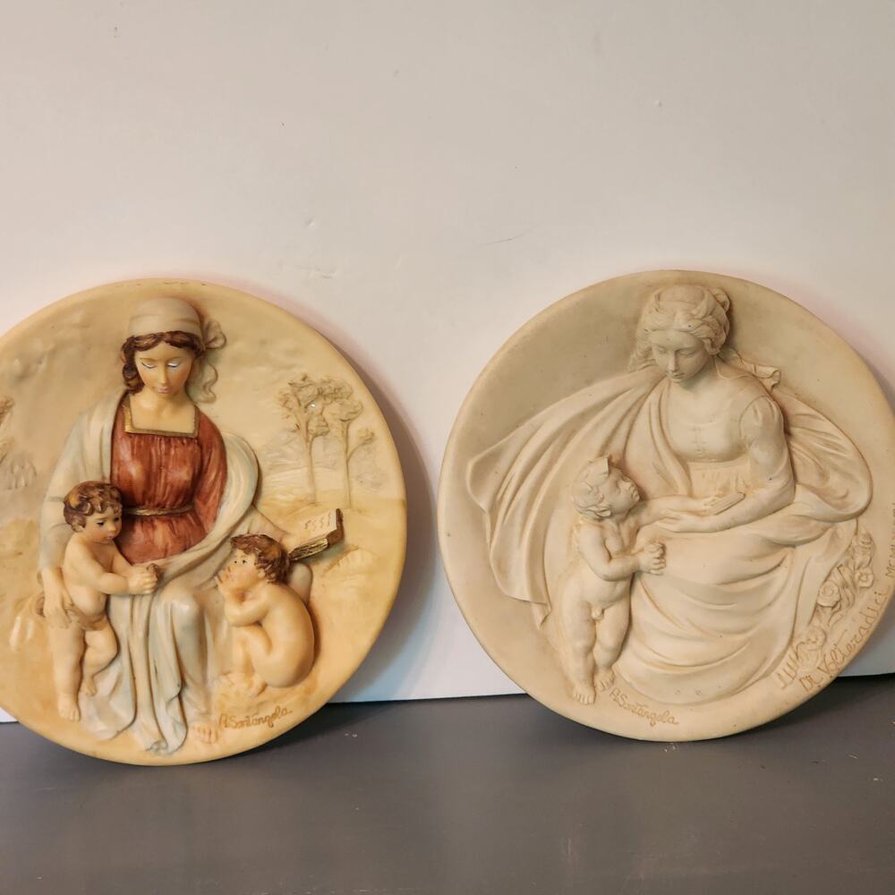 Vintage Alberto Santangela Italian Alabaster Madonna Wall Plaques pair 1980s